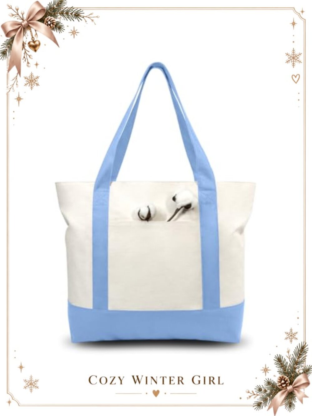 Canvas Tote Bag with External Pocket & Top Zipper Closure